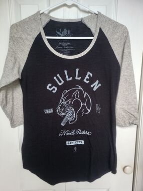 Sullen Women's Black & Heather Gray Panther Raglan 3/4 Sleeve Tee Y2K Tattoo